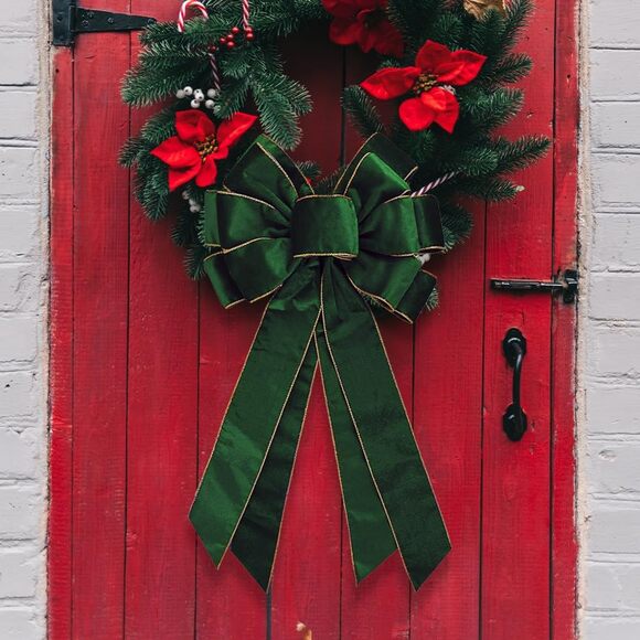 Vintage Green Wreath Bow 20x11 Inch Velvet Tree Topper Golden Edge Xmas - Picture 4 of 5